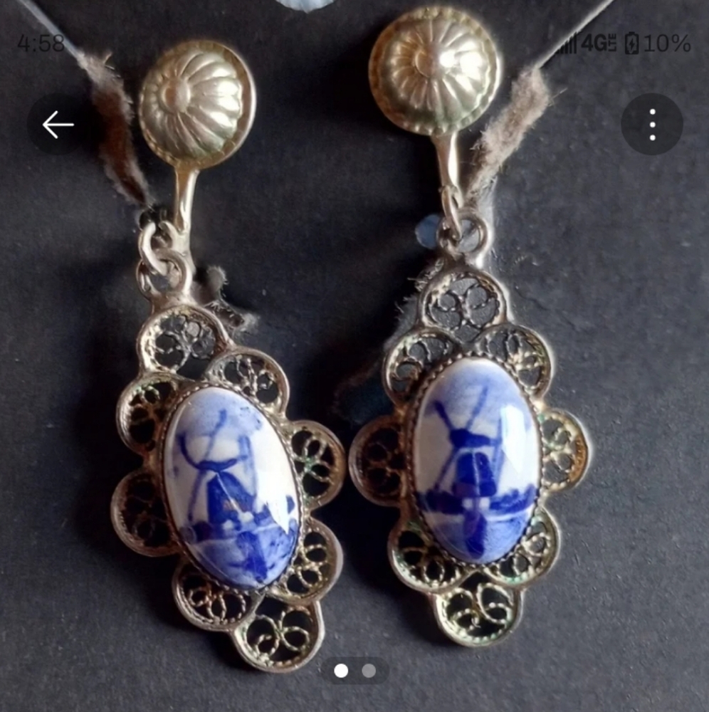 Vintage Blue Delft And Sterling Silver Filigree Drop Earrings,Screwback